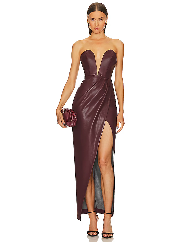 best holiday dresses 2024 trending strapless burgundy leather midi dress