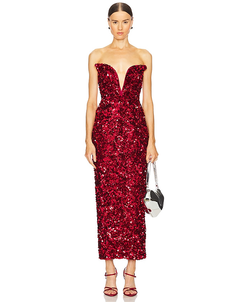 classy Christmas dress red sequin strapless maxi