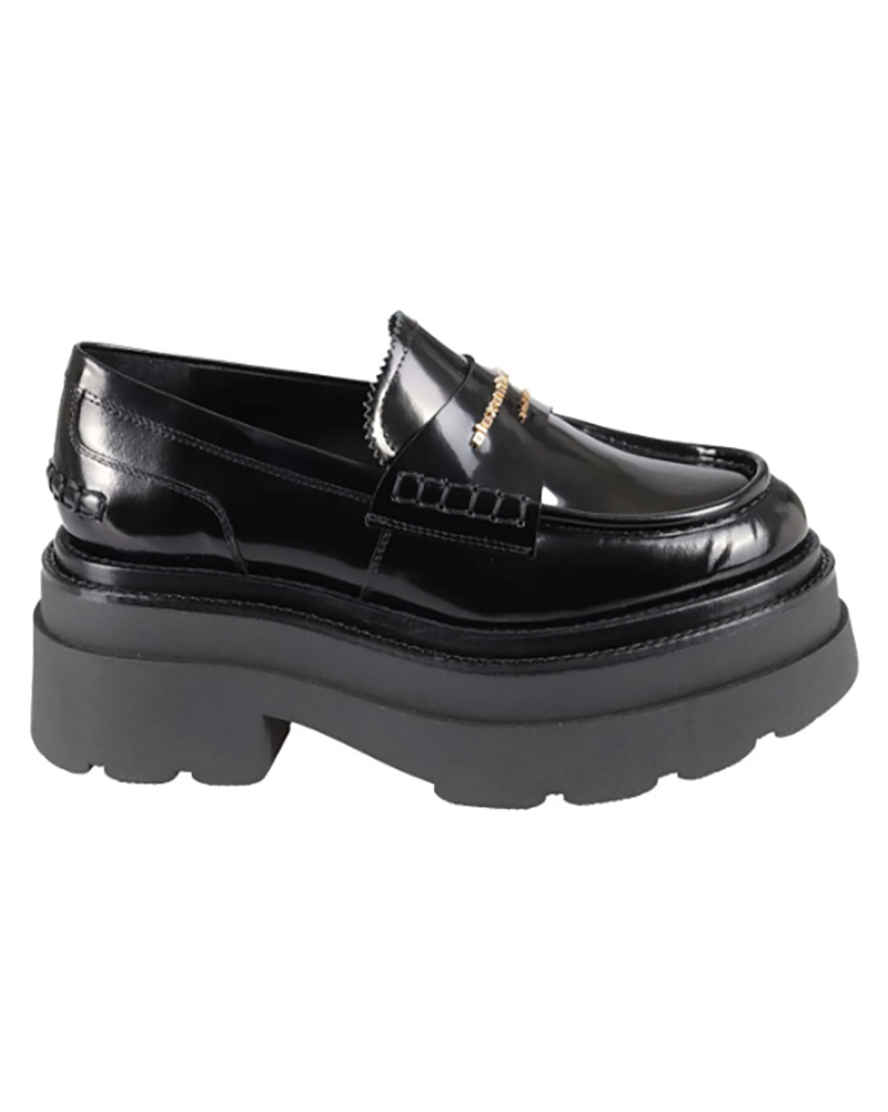 chunky loafers in style black patent leather gold logo