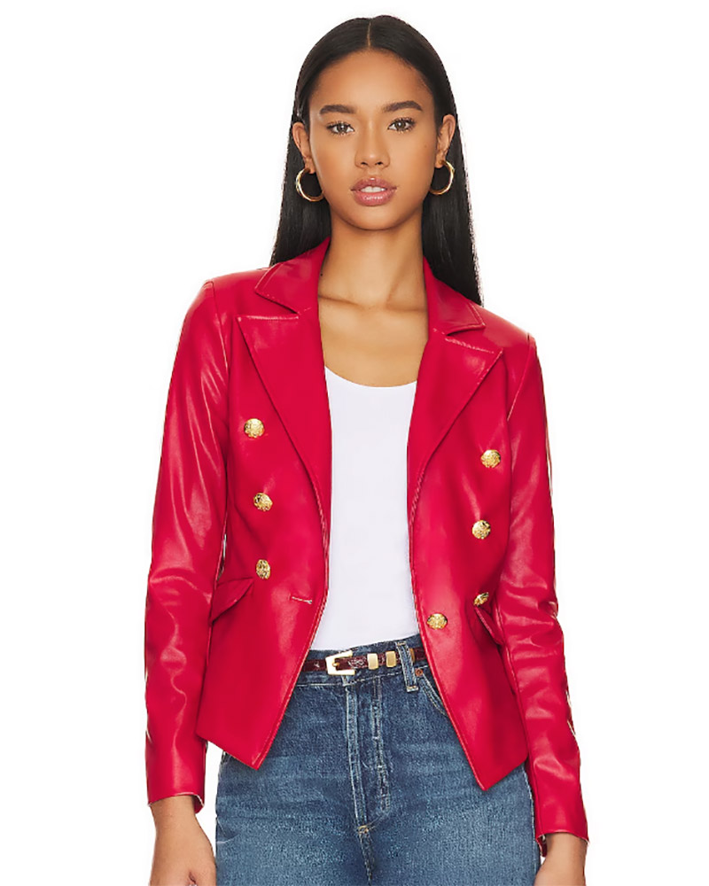 womens red leather blazer gold buttona