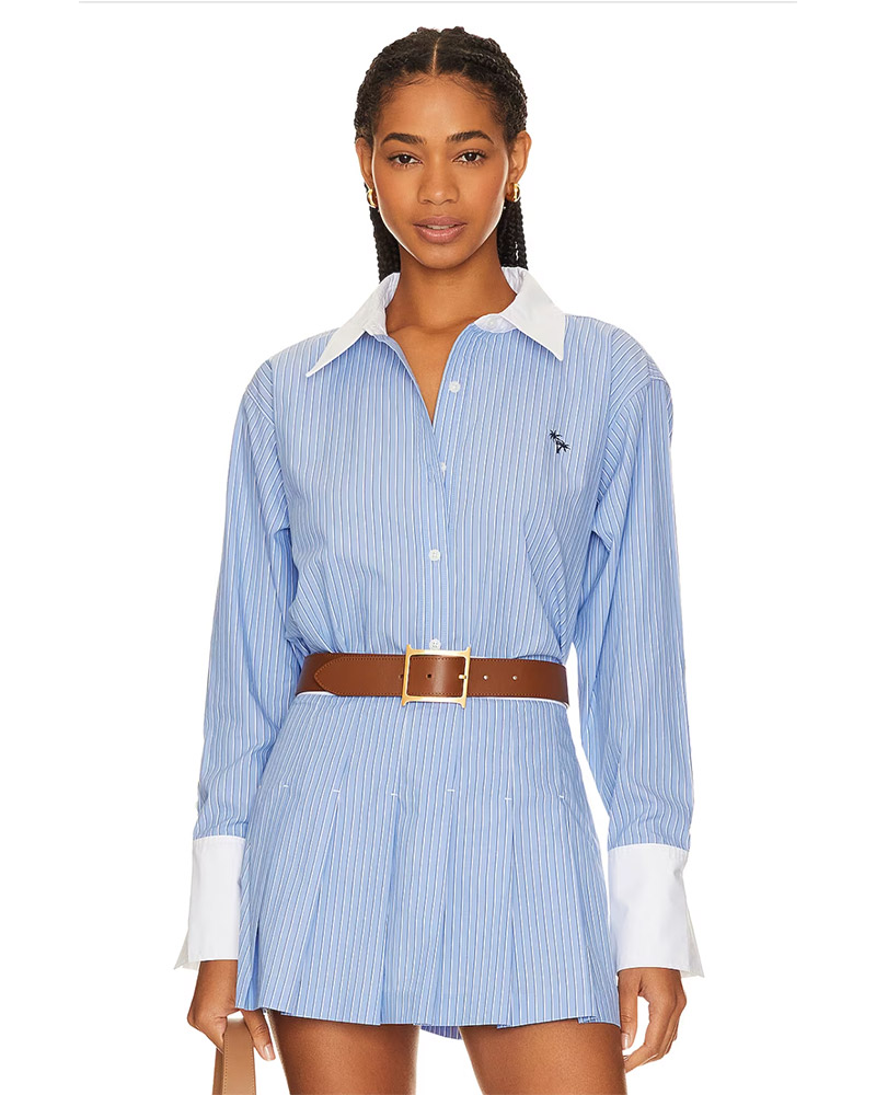 blue striped button down shirt matching skirt set