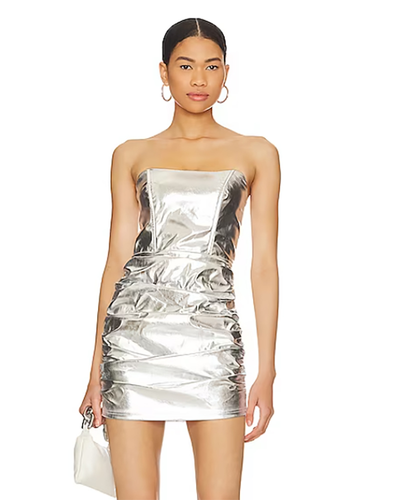trending leather dress 2024 metallic silver mini cheap
