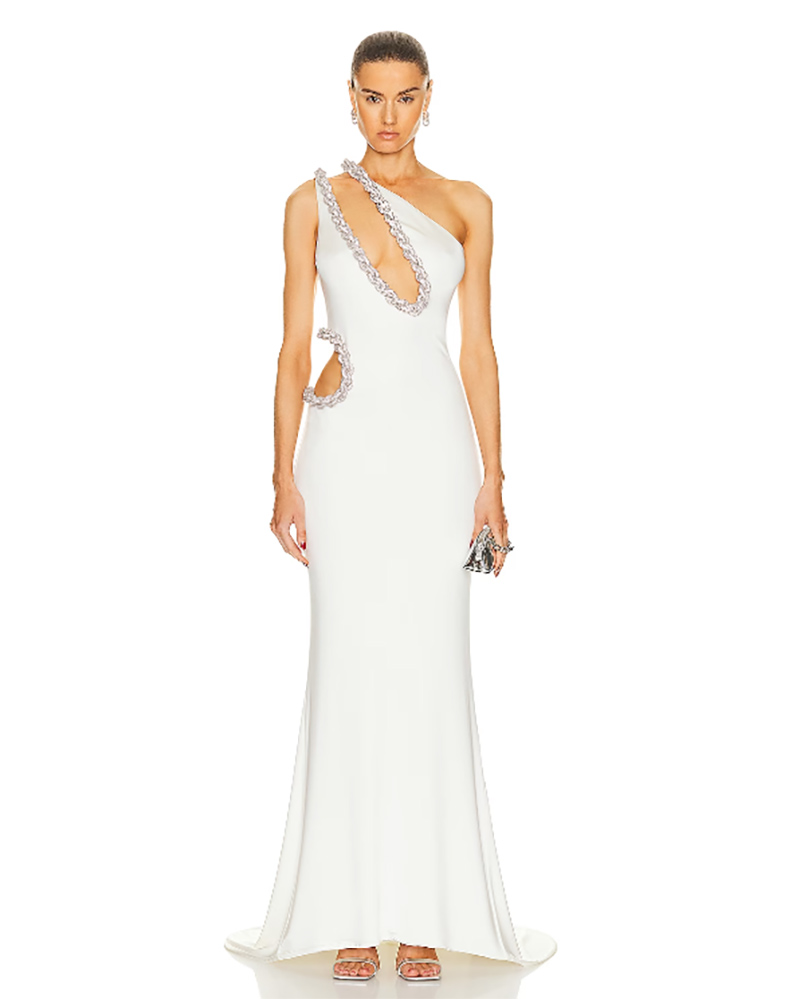 rehearsal dinner dress bride white gown one shoulder crystals