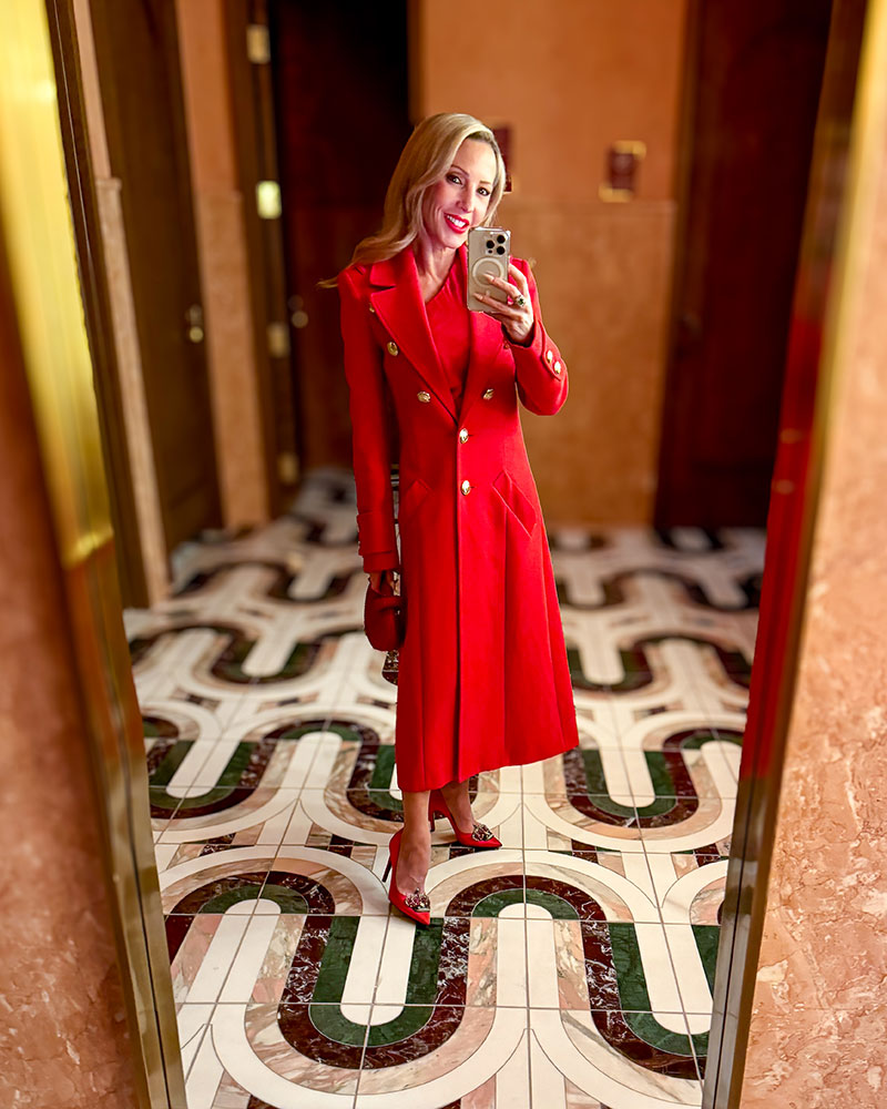 women's red coat long gold buttons