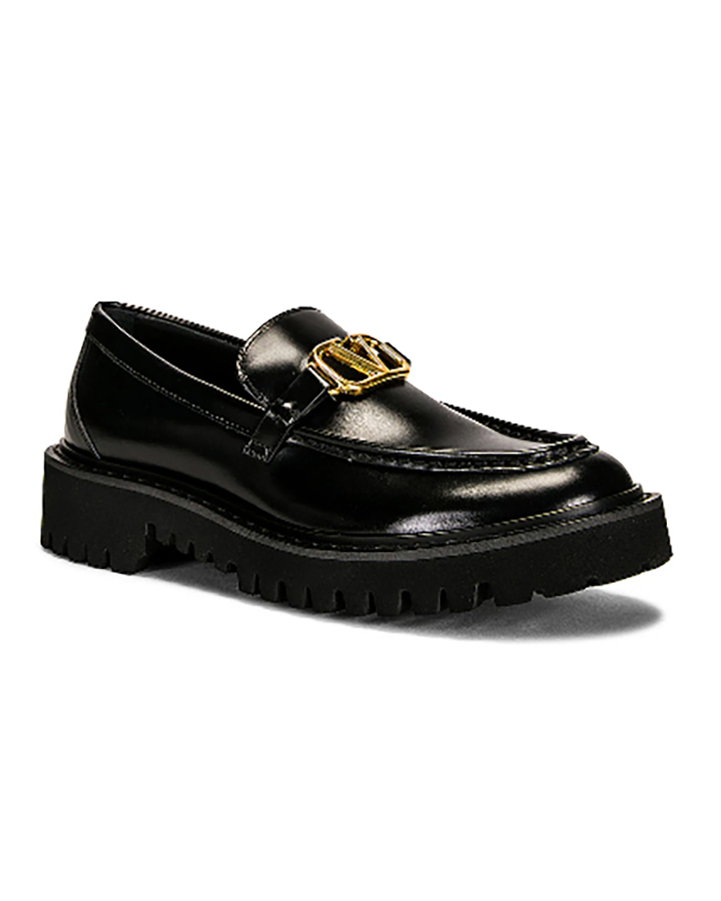 designer loafers womens leather black Valentino Garavani signature V loafers