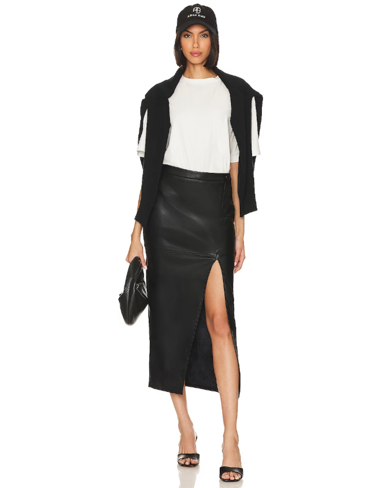 black leather midi skirt outfit idea white tee heels