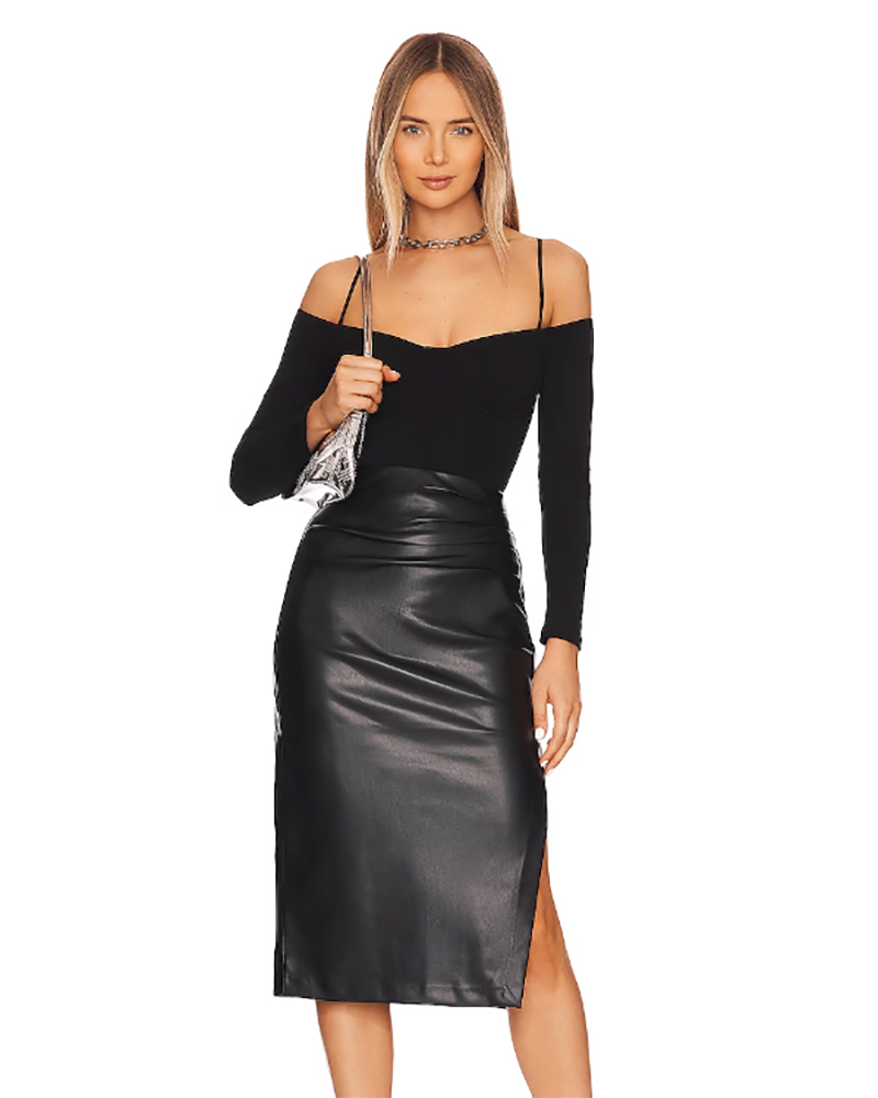 sexy black leather skirt outfit off shoulder top