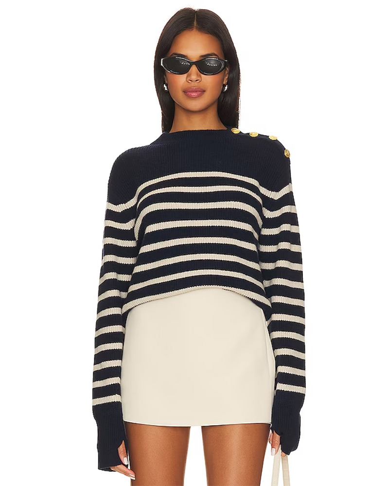 womens striped sweater navy blue white long sleeve gold buttons