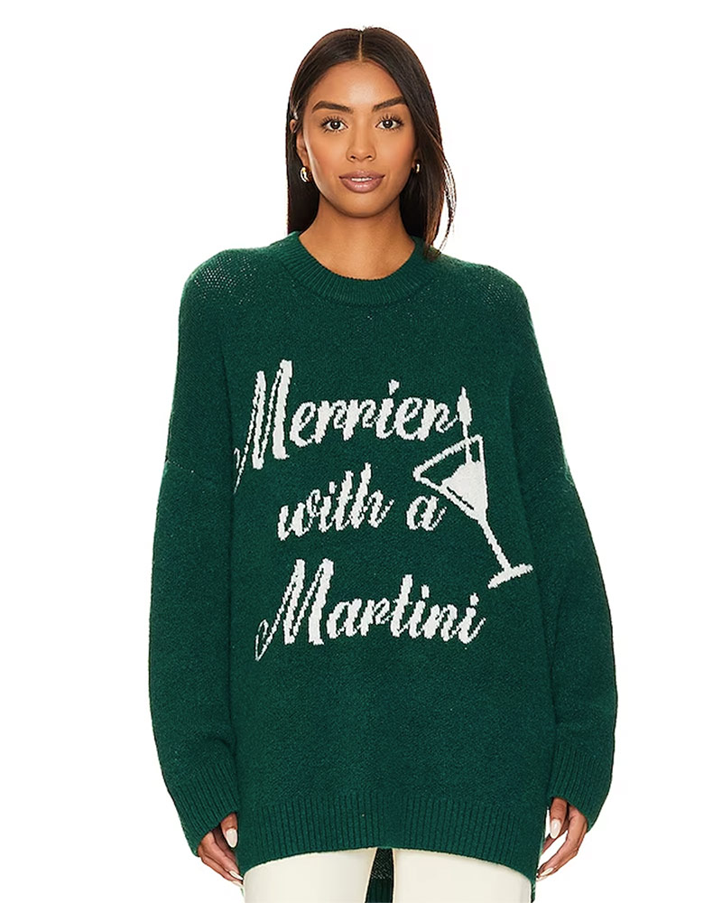 green sweater merrier with a martini