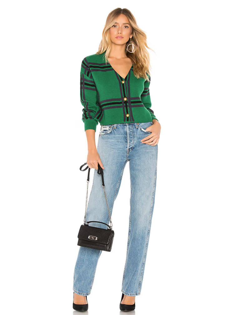 st patricks day outfit idea green cardigan jeans womens