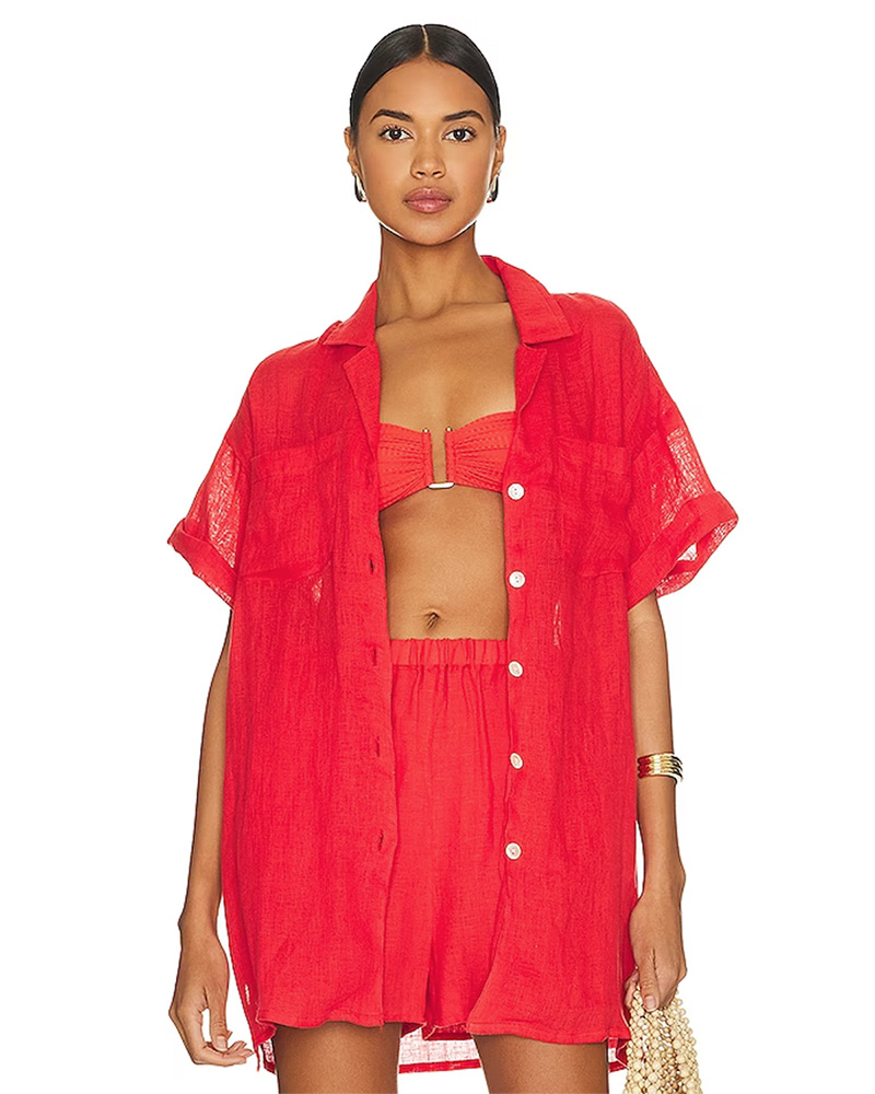 swimsuit cover up matching set shirt shorts red beach outfit