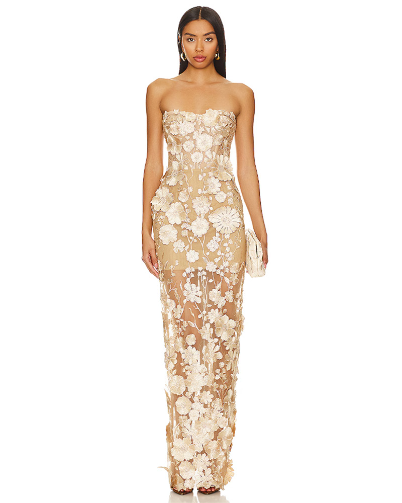 sheer floral nude maxi dress strapless