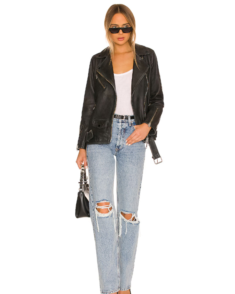 black leather jacket jeans womens outfit