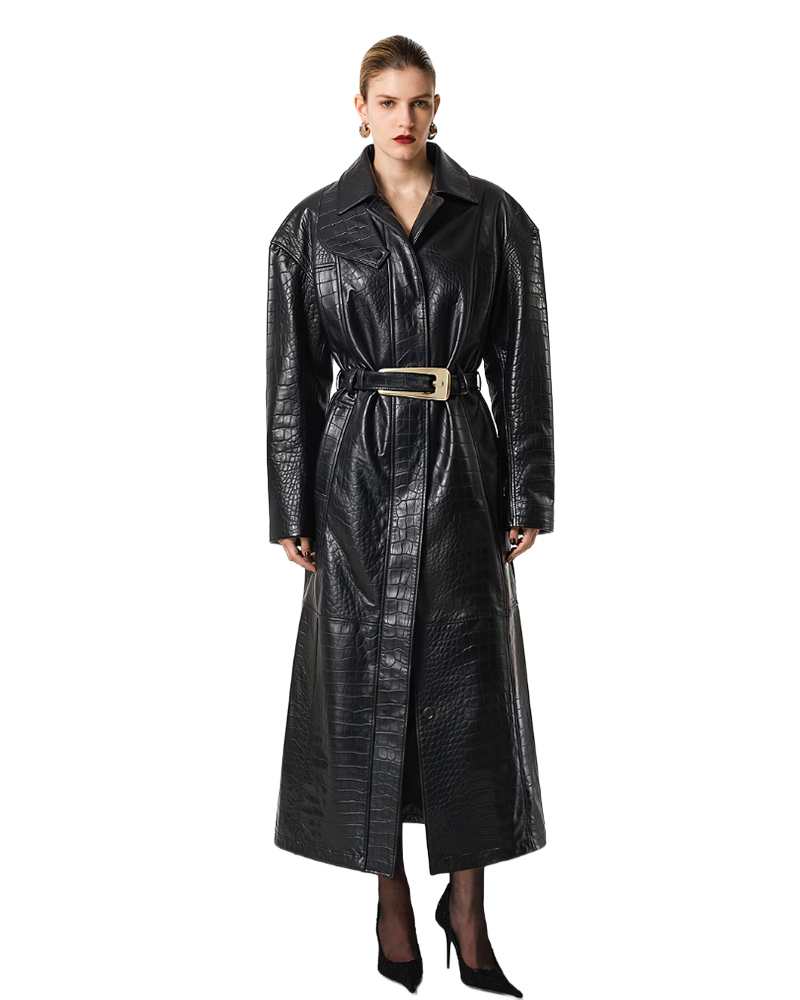 black leather trench coat styled with black heel pumps