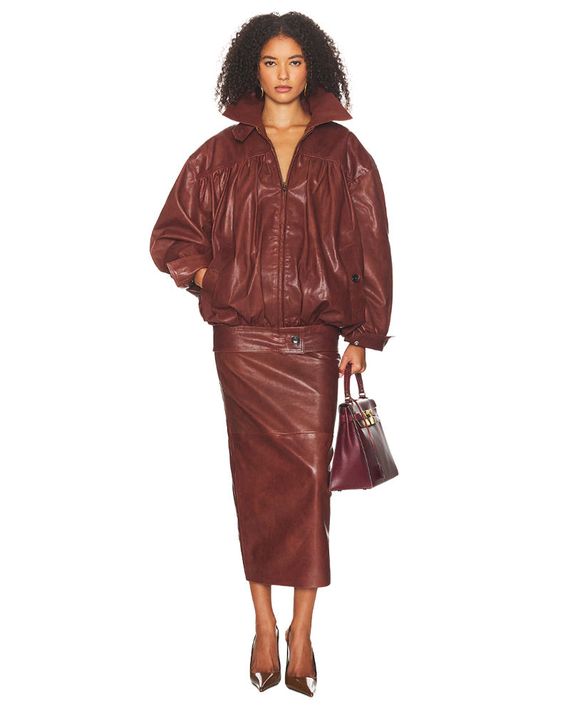burgundy leather jacket, skirt, pumps and matching bag