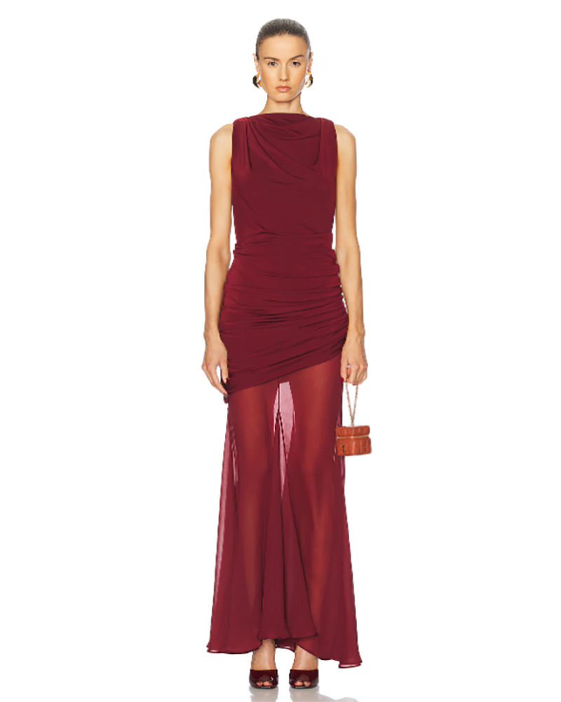 fashion inspiration 2025 sheer maxi dress maroon red