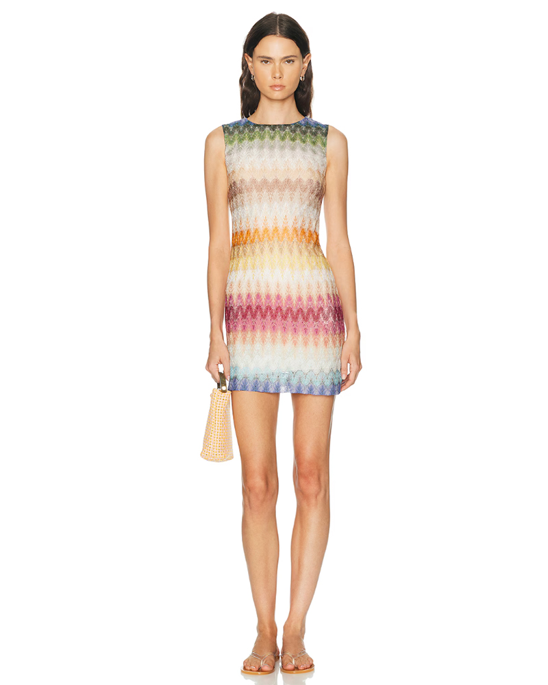 fashion trends 2026 missoni mini dress styled with gold thong sandals