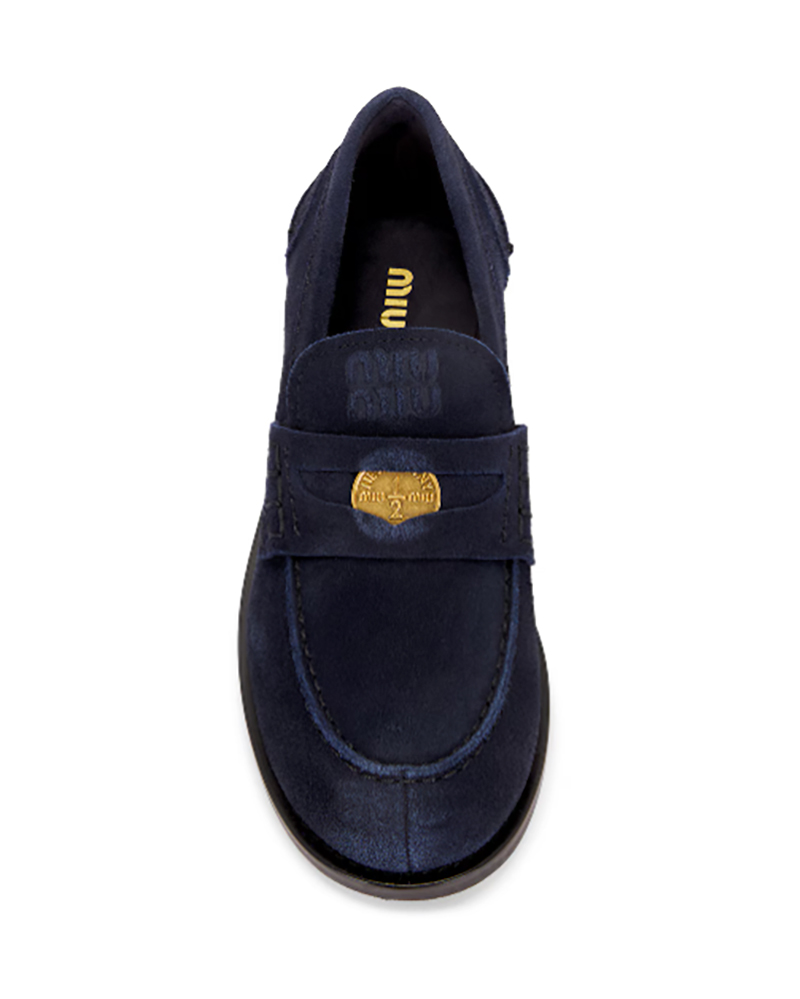 womens penny loafers designer Miu Miu blue suede