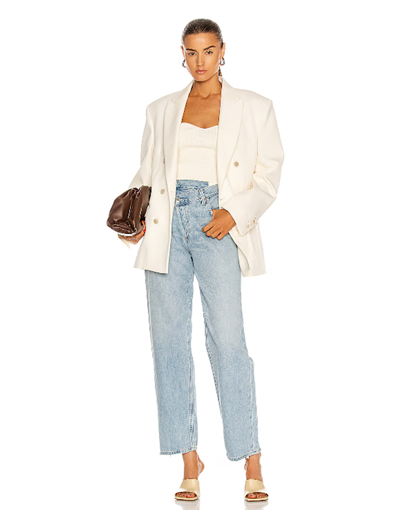 how style criss cross waist jeans blazer mules