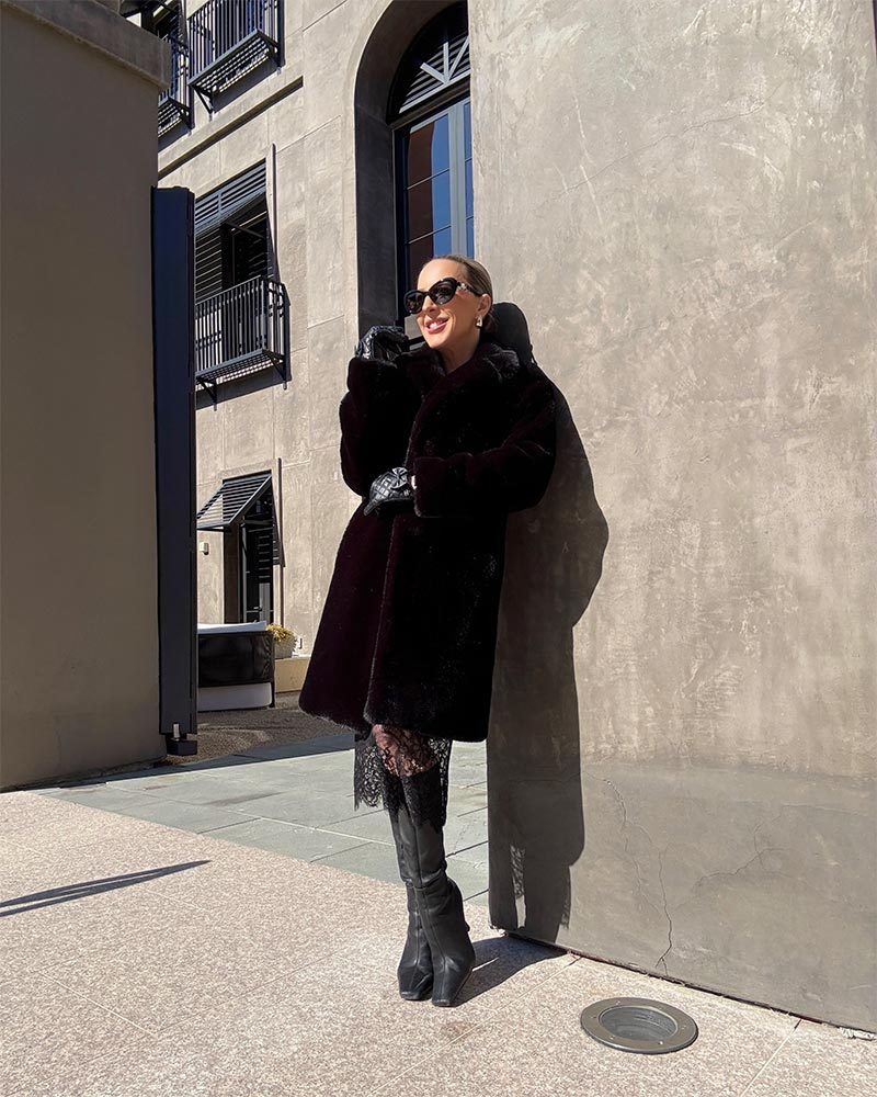 how style slip dress winter faux fur coat black boots