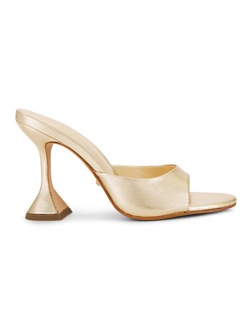 comfortable wedding guest shoes gold heel mules