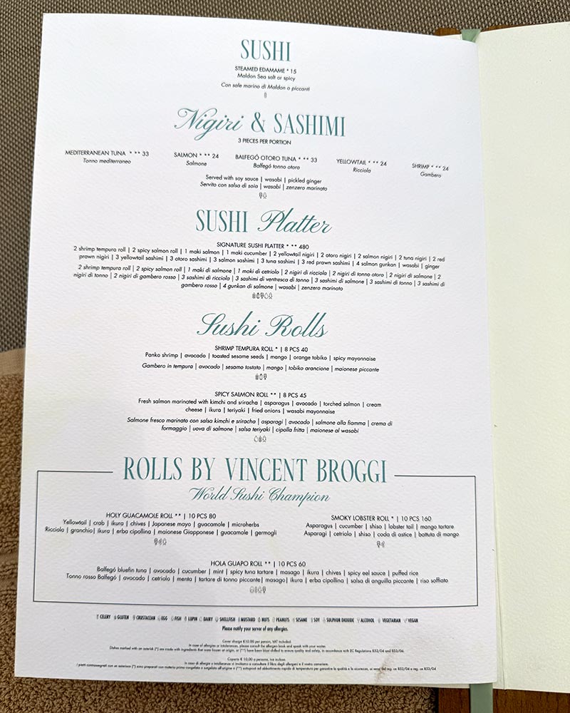 Nikki Beach club costa smeralda menu sushi