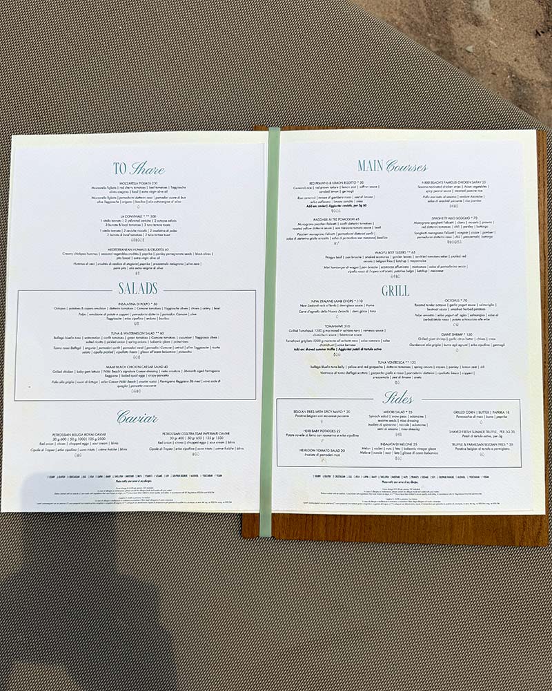 Nikki Beach Sardinia menu lunch