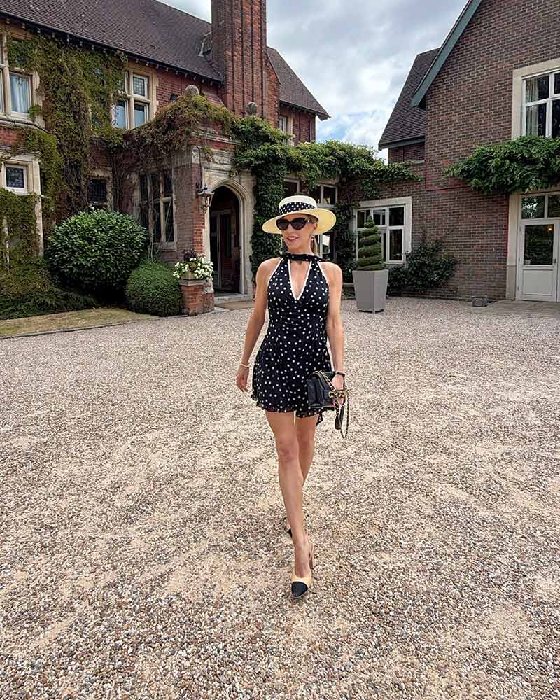black and white polka dot dress womens fashion trend chanel slingback heels and chanel black bag