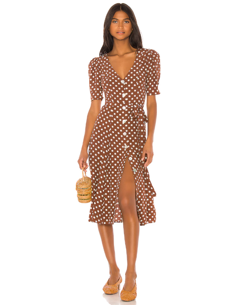 brown polka dot dress midi