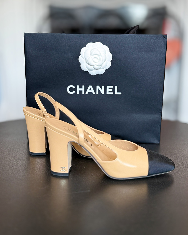 women’s Chanel shoes 2 tone beige black heels