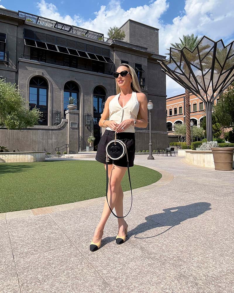how style chanel slingback heels shorts summer outfit