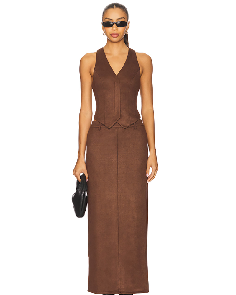 brown suede boots outfit idea brown matching skirt set