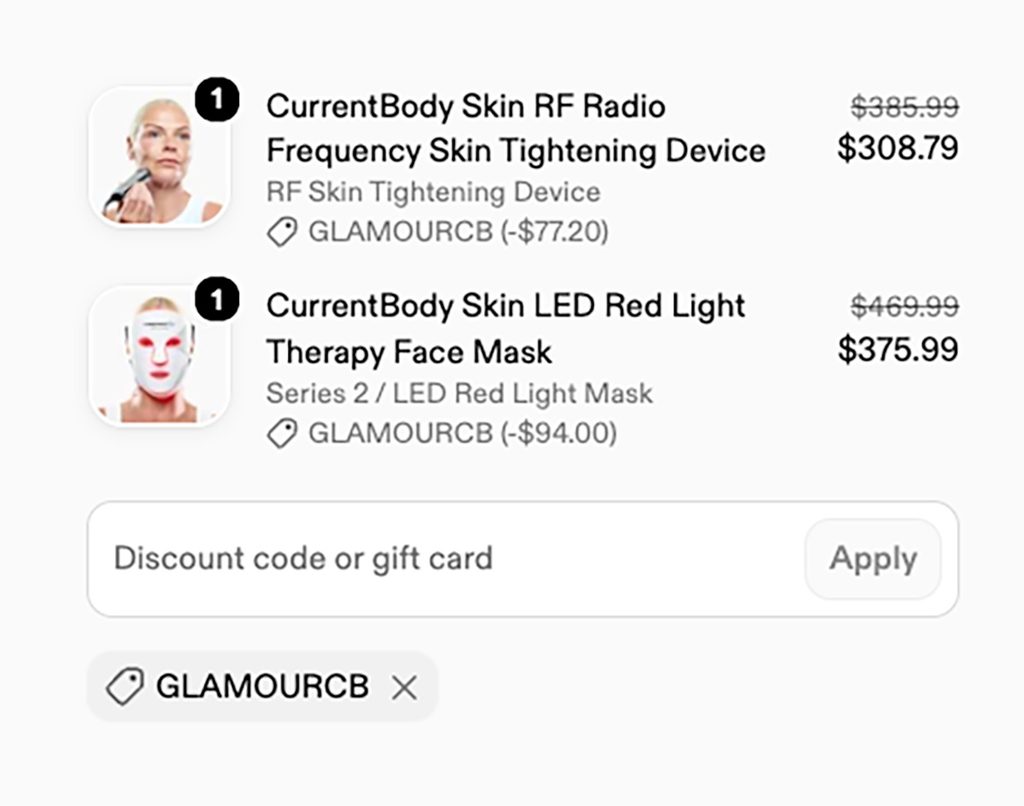 CurrentBody Labor Day sale 20% off 2 devices with GLAMOURCB discount code