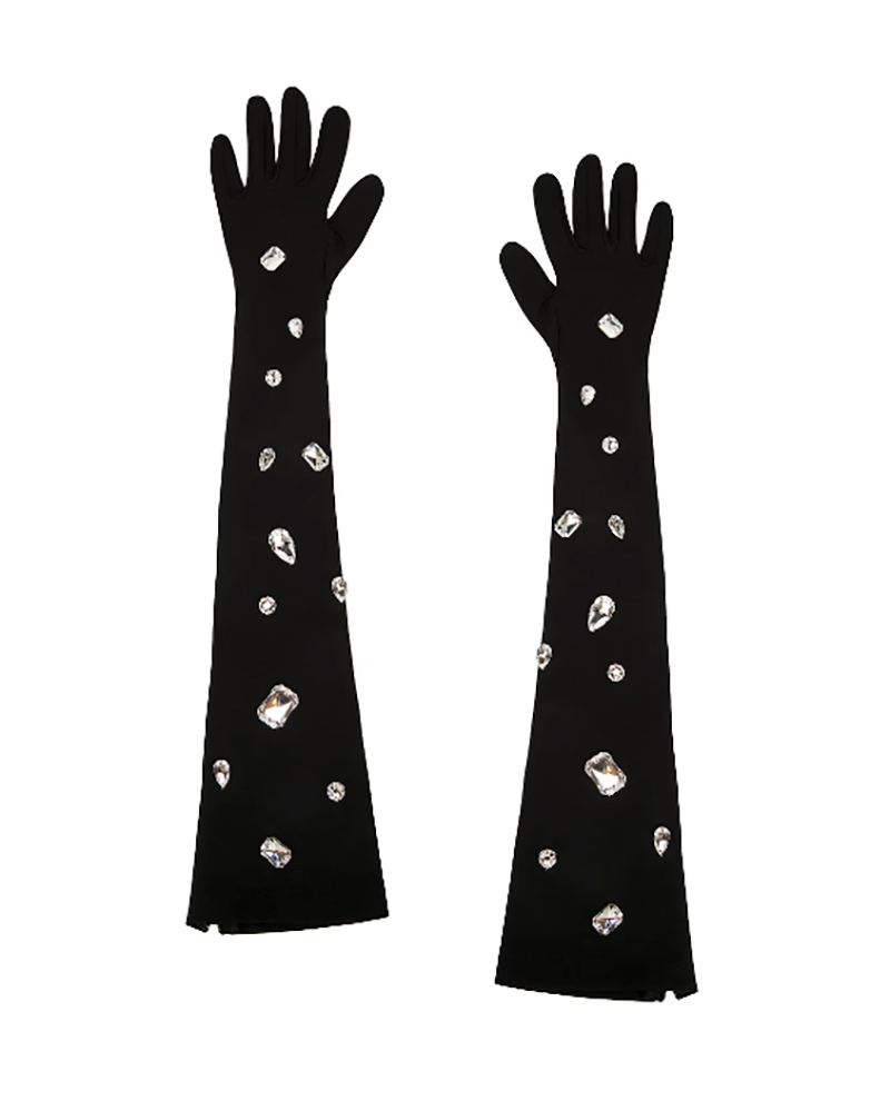 gloves trend black rhinestone embellished long