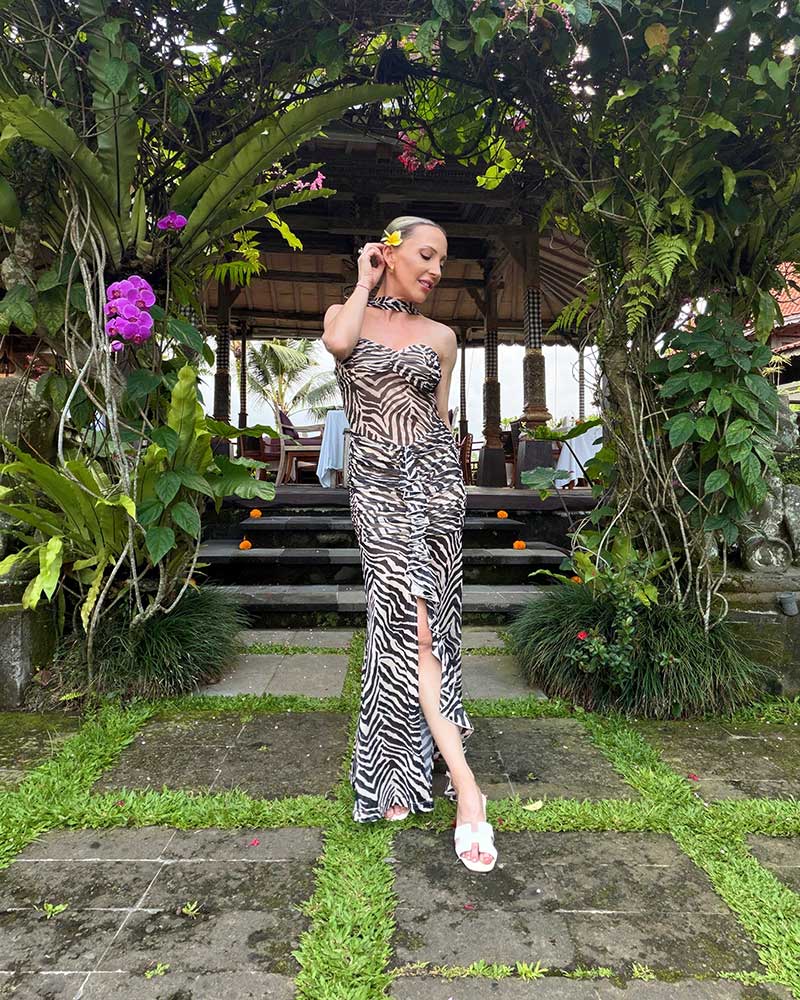 bali outfit ideas what wear animal print maxi dress worn by fashion editor Eve Dawes