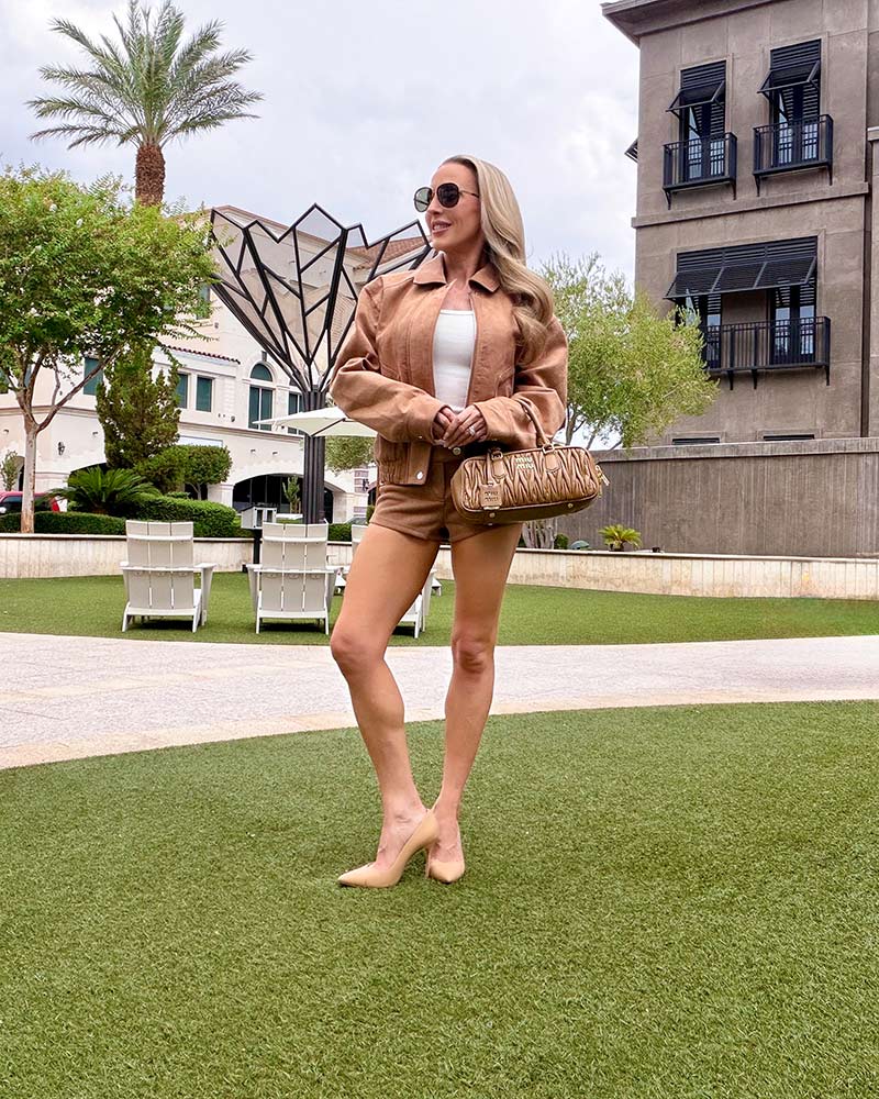 miu miu arcadie bag brown leather worn by Eve Dawes styled with brown suede outfit