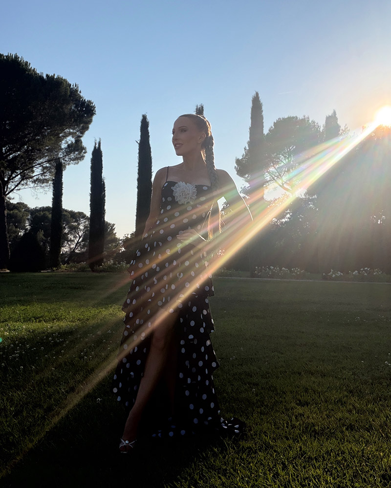 south of france outfit dinner polka dot gown