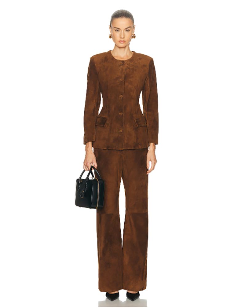 womens brown suede blazer outfit styled with matching pants