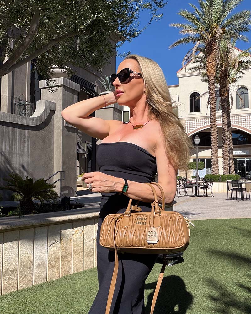haus labs foundation wear test Eve Dawes in Vegas sun in black dress