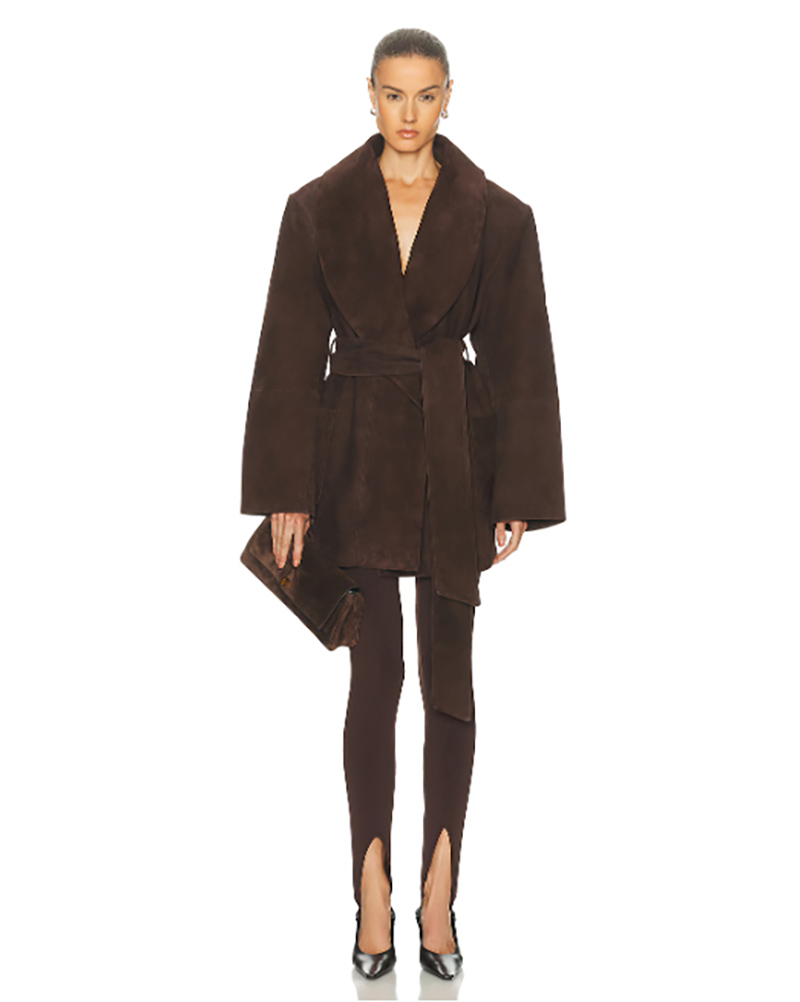 how to style a brown suede jacket with leggings and heels