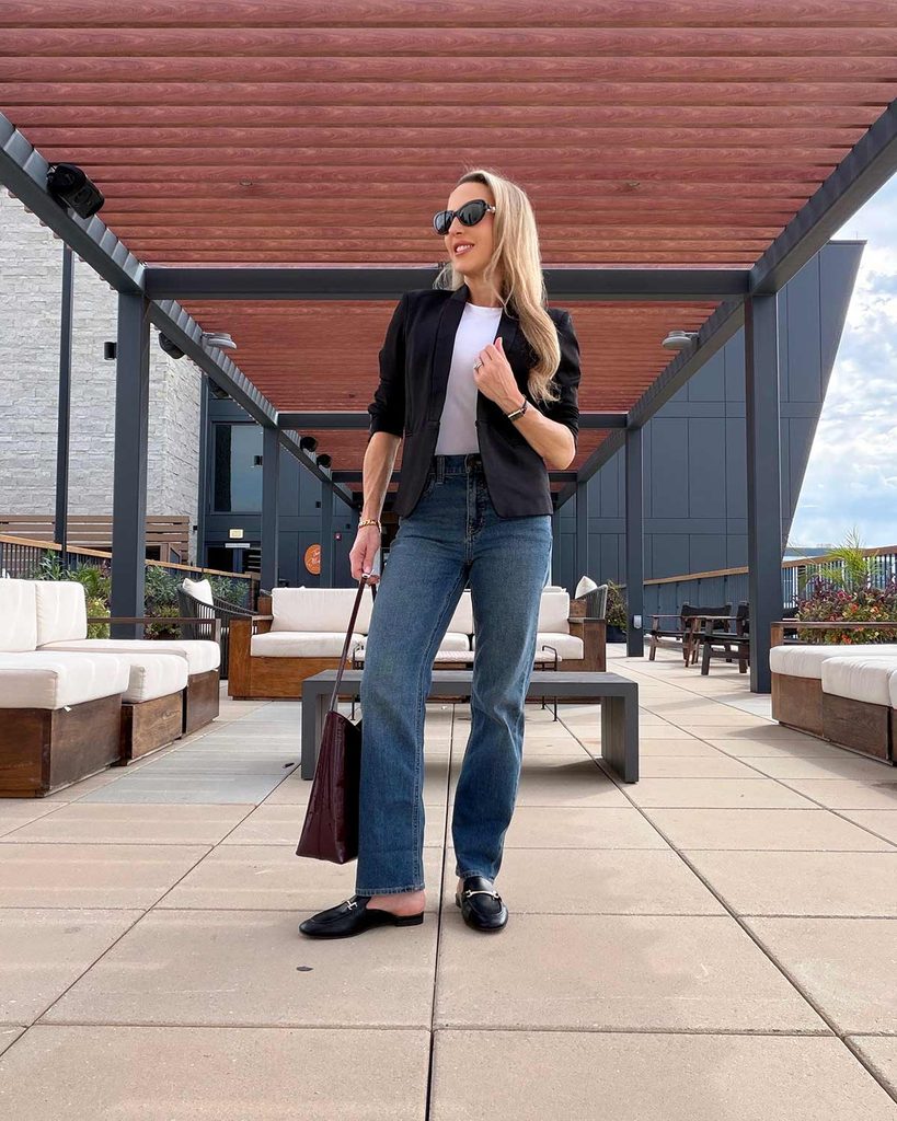 J Crew black loafer mules styled with jeans, white t-shirt and black blazer