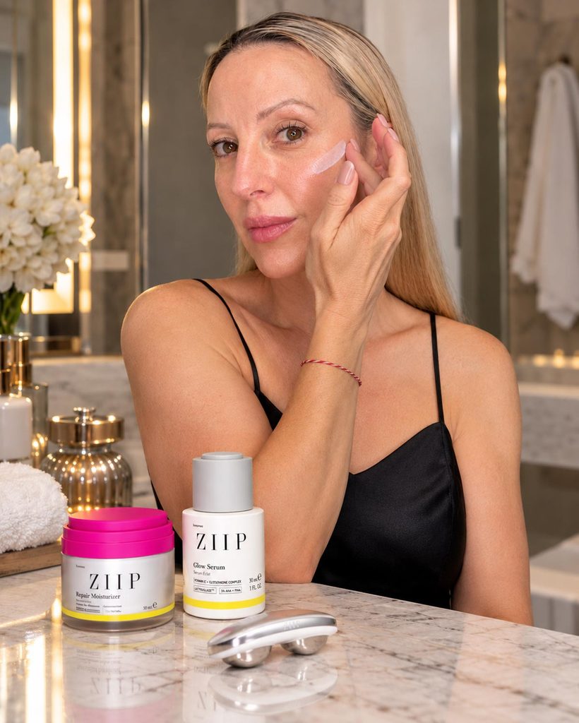 using ziip skincare in bathroom